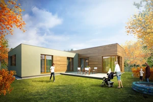 Moderní dřevostavba s rodinou na zahradě v podzimním prostředí.