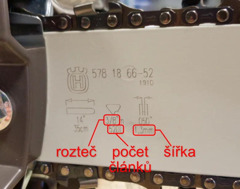 Detailní specifikace řetězu pro motorovou pilu s označením rozměrů v češtině.