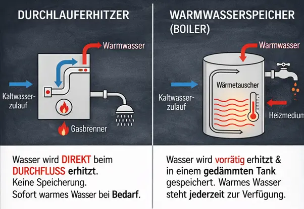Porovnání průtokového ohřívače a bojleru s diagramy