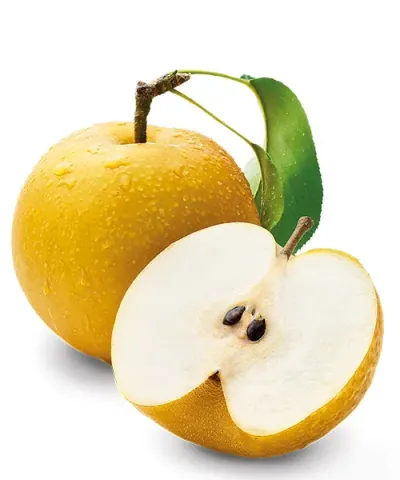 Žlutá hruška s listem, poloviční řez ukazuje semena.