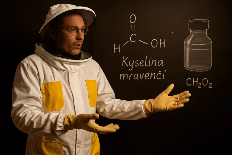 Muž v ochranném obleku vysvětluje kyselinu mravenčí u tabule.