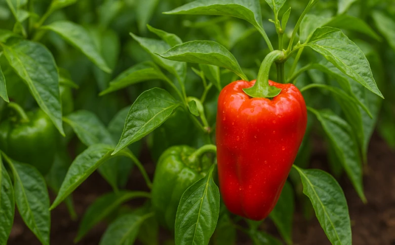 Červená paprika rostoucí na zelené rostlině v zahradě.