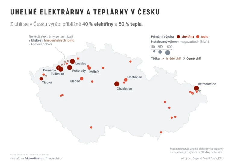 Mapa uhelných elektráren a tepláren v Česku s výkonem.