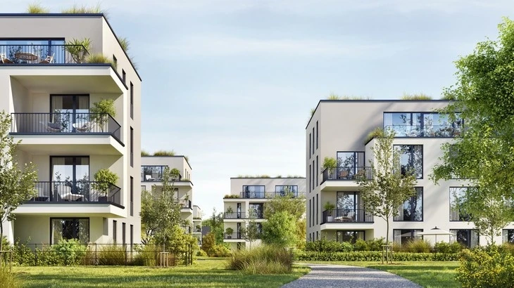 Moderní rezidenční komplex s balkony a zelenou zahradou