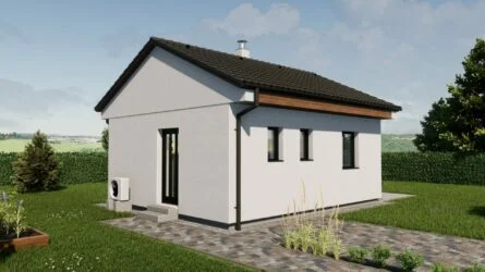 Moderní dům se sedlovou střechou na zeleném pozemku