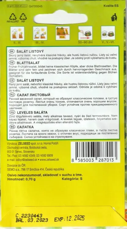 Balíček semen salátu listového s informacemi o pěstování.