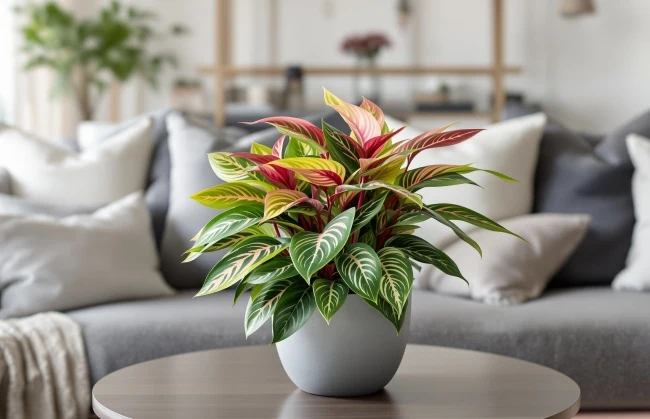 Aglaonema rostlina v hrnci na stole v obývacím pokoji.