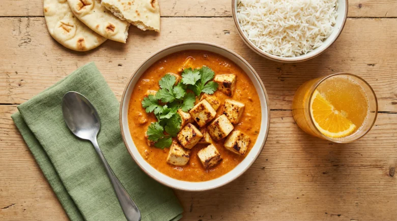 Tofu kari s koriandrem na dřevěném stole.