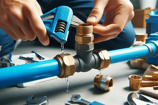Ruční instalace vodovodního potrubí s únikem vody z přípojek.