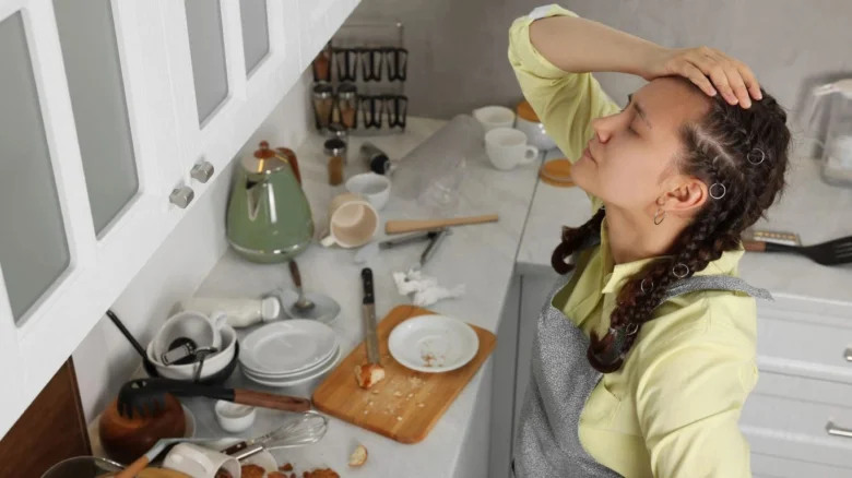 Žena v kuchyni se smutně dívá na nepořádek.