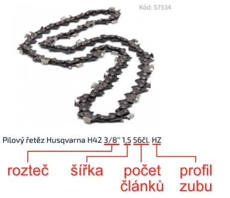 Detailní schéma řetězu pro motorovou pilu s označenými technickými parametry.