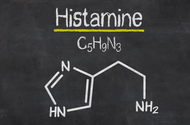 Ilustrace histaminu s chemickou strukturou a vzorcem.