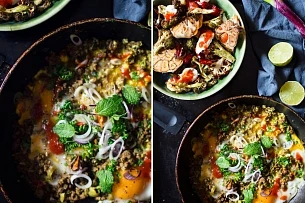 Hot curry s z mungo fazolí podávaný v misce.