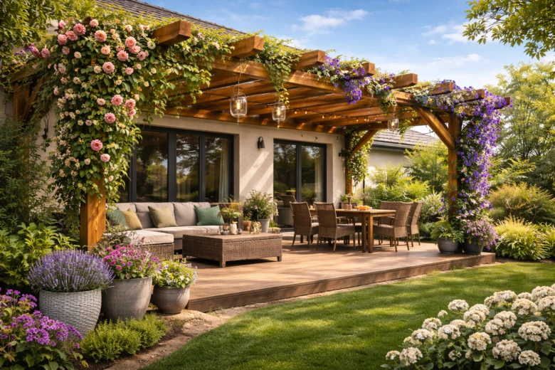 Krásná dřevěná pergola s plíživými růžemi na zahradním terase.
