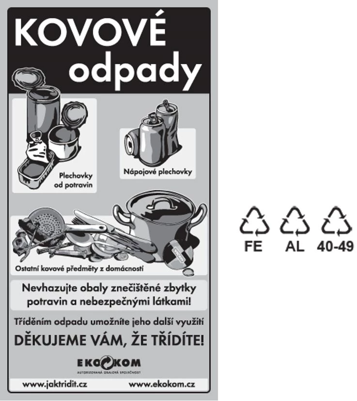 Informační plakát o třídění kovových odpadů: plechovky od potravin, nápojové plechovky a ostatní kovové předměty