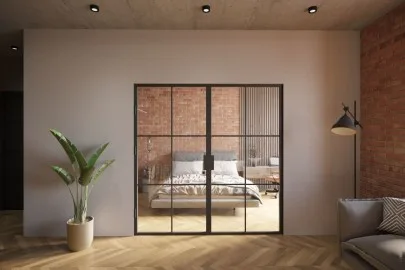Skleněné interiérové dveře v moderním bytovém interiéru