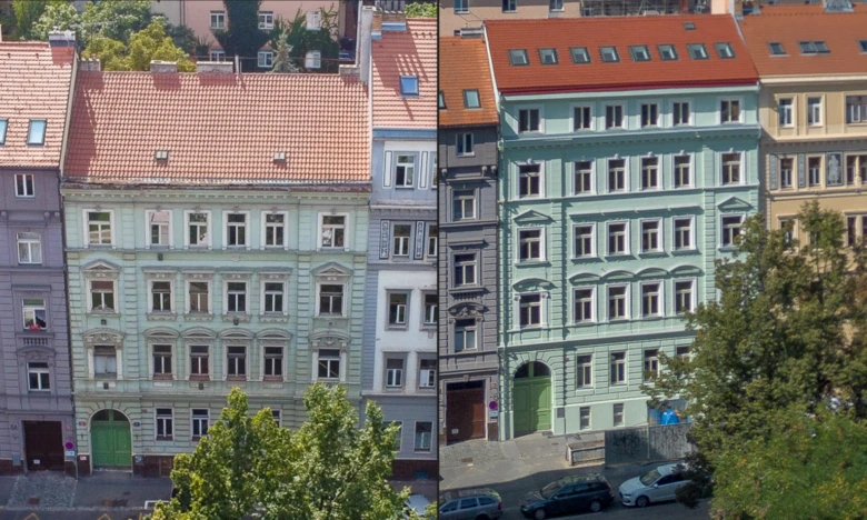 Před a po rekonstrukci fasády bytového domu v Praze