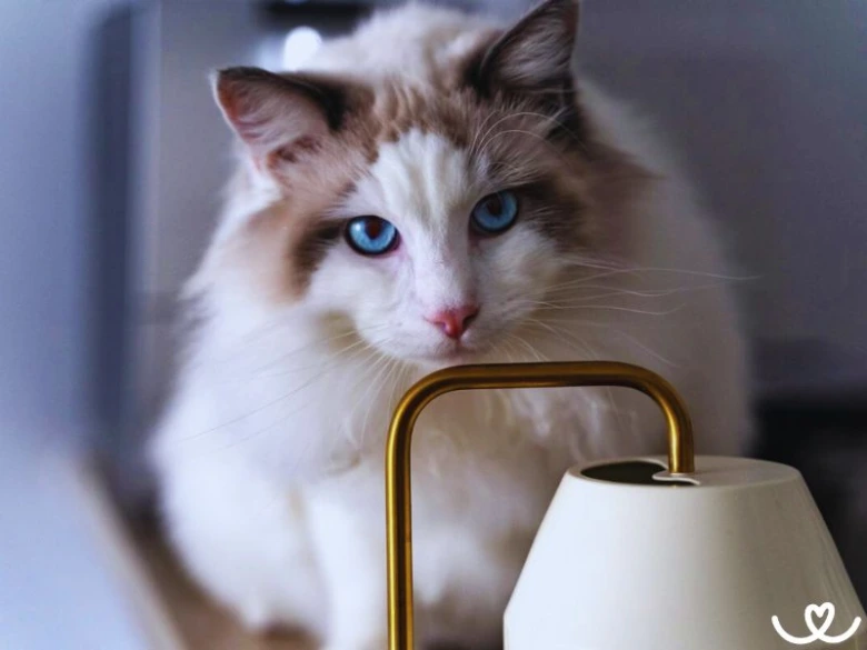 Přitažlivý ragdoll s modrými očima sedící za lampou.