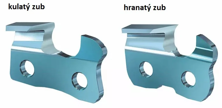Porovnání kulatého a hranatého řetězu na motorové pile.