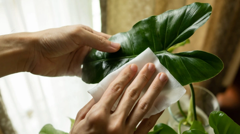 Čistění listů rostliny Philodendron hadříkem.