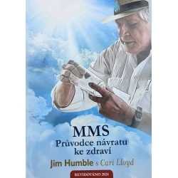 Kniha o oxidu chloričitém (MMS) s mužem držícím lahvičky.