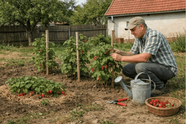 Muž pěstuje jahodové keře na slunci v zahradě.